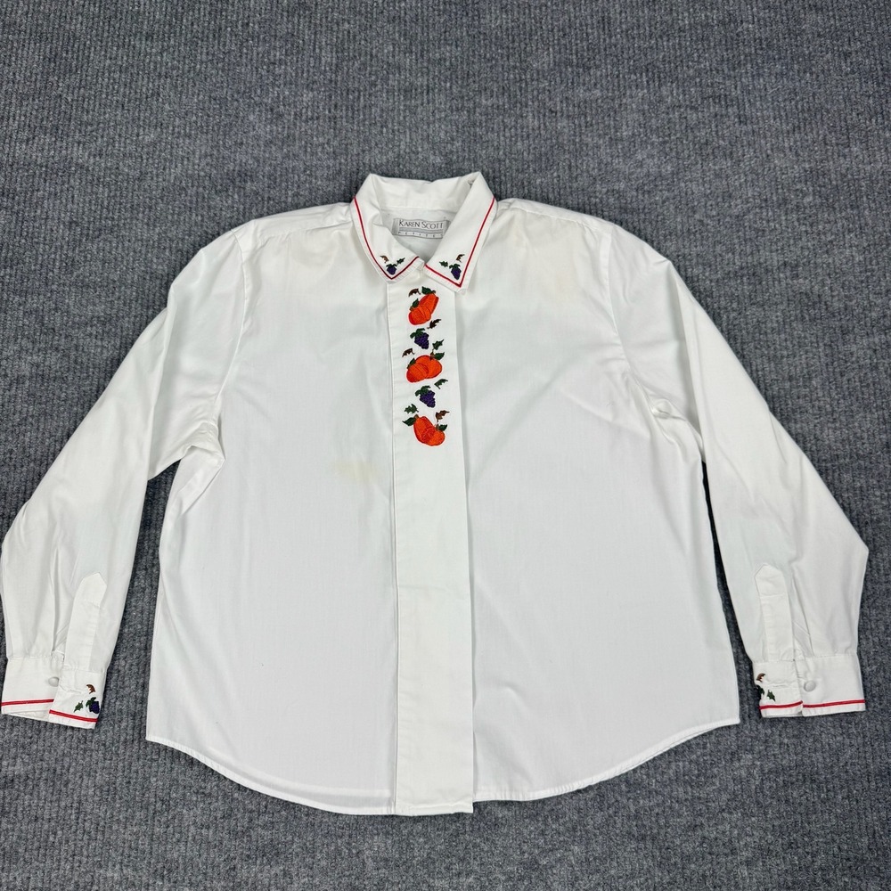 Vtg Karen Scott Button Up Shirt Womens 10P Pumpkin Grape Embroidered Fall Autumn